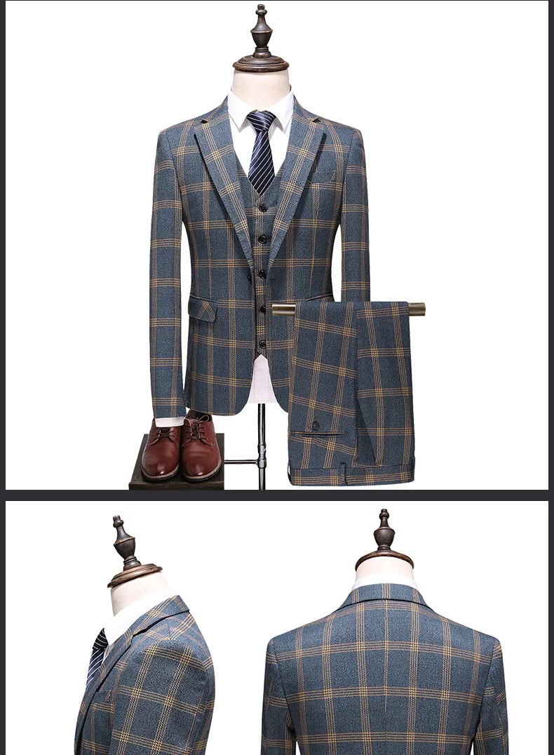 wholesale Business high quality 3 piece slim suits for men &amp blazer french plus plaid suit