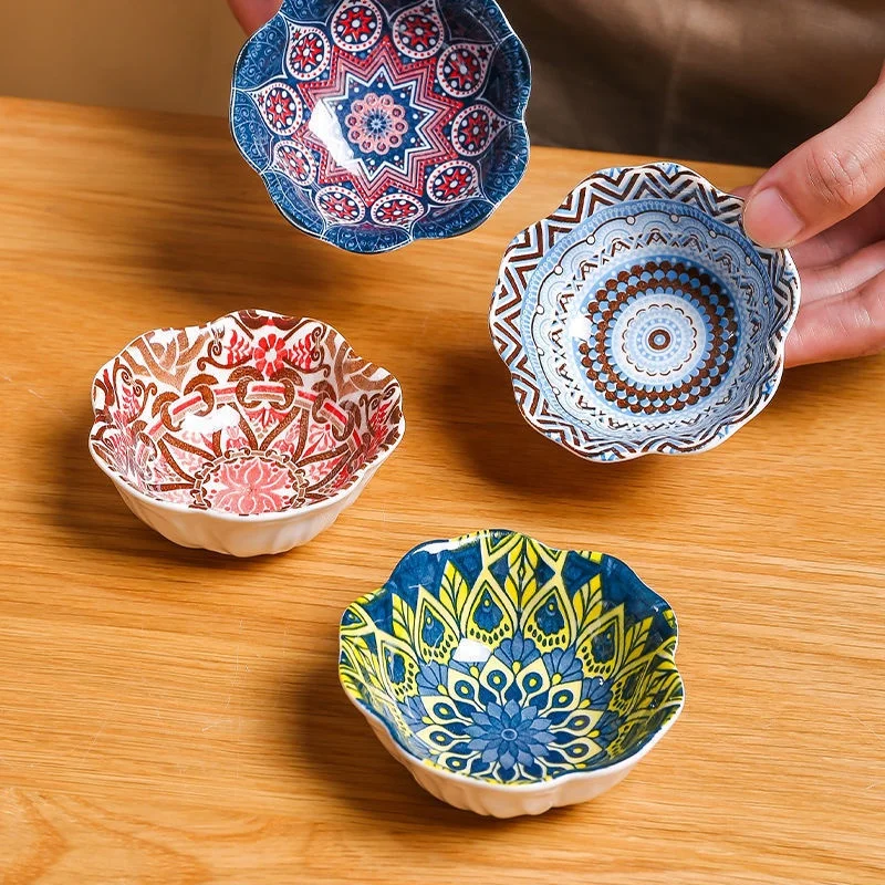Hot Selling Bohemia Pattern Ceramic Soy Sauce Vinegar Seasoning Dish underglaze color small dishes snack dishes for household