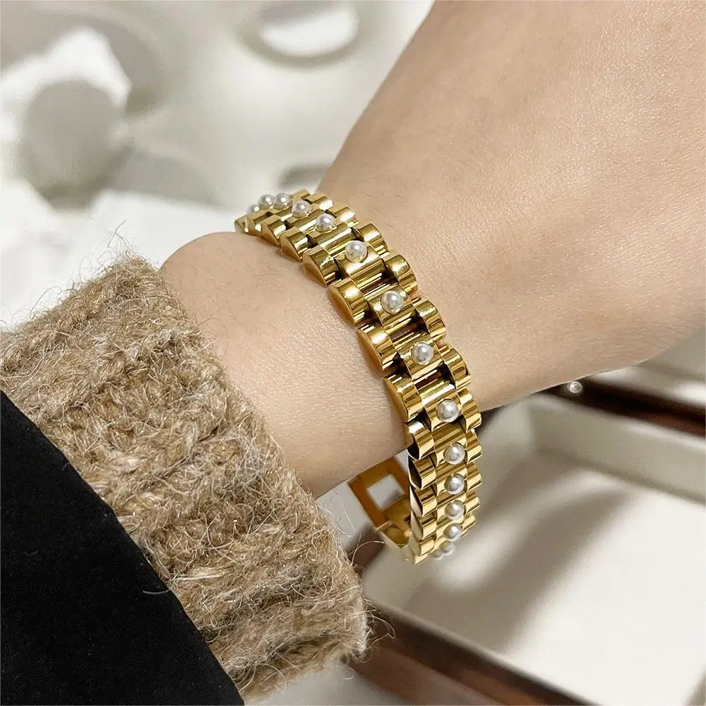 Women Fashion Jewelry Waterproof Chunky Watch Band Rolly Bracelet 18K Gold Plated Stainless Steel Watch Link Bracelet With Pearl