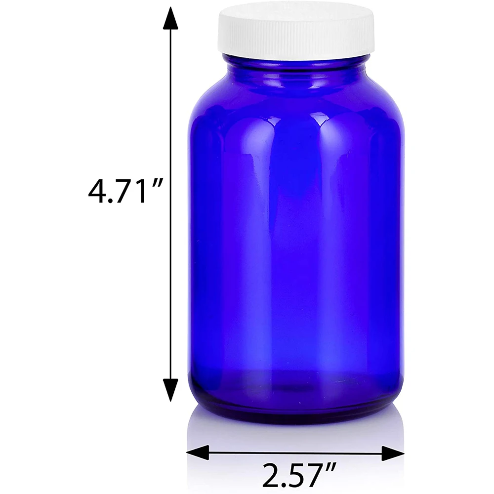 Кобальтовая синяя стеклянная бутылка 8 унций с белой ребристой крышкой 60 мл 120 250 500 широким горлом капсула таблетка для таблеток