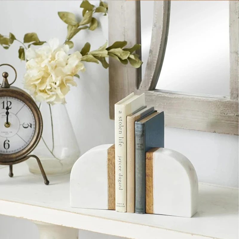 Modern Design Wood and Marble Bookends Holder Simple Home Decor Book Stoppers Block