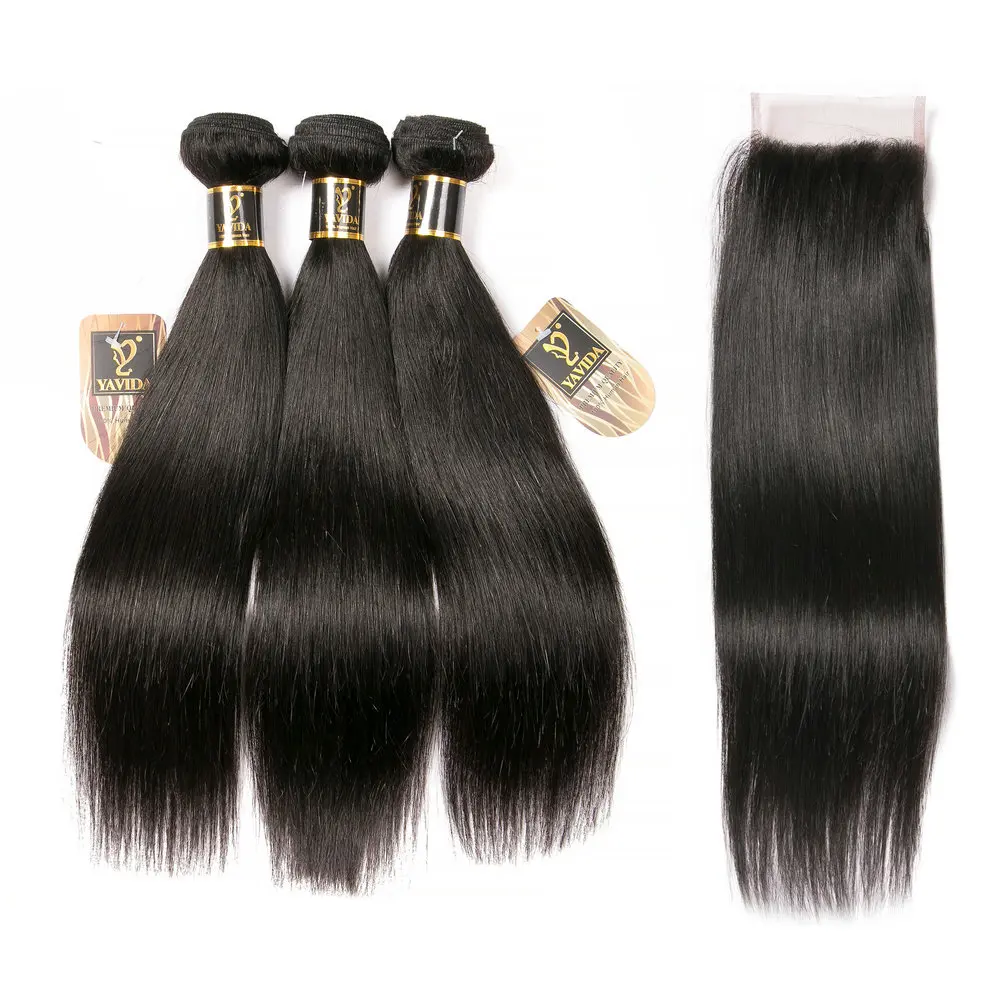 
free shipping brazilian human hair weave straight 3 bundles with lace closure 