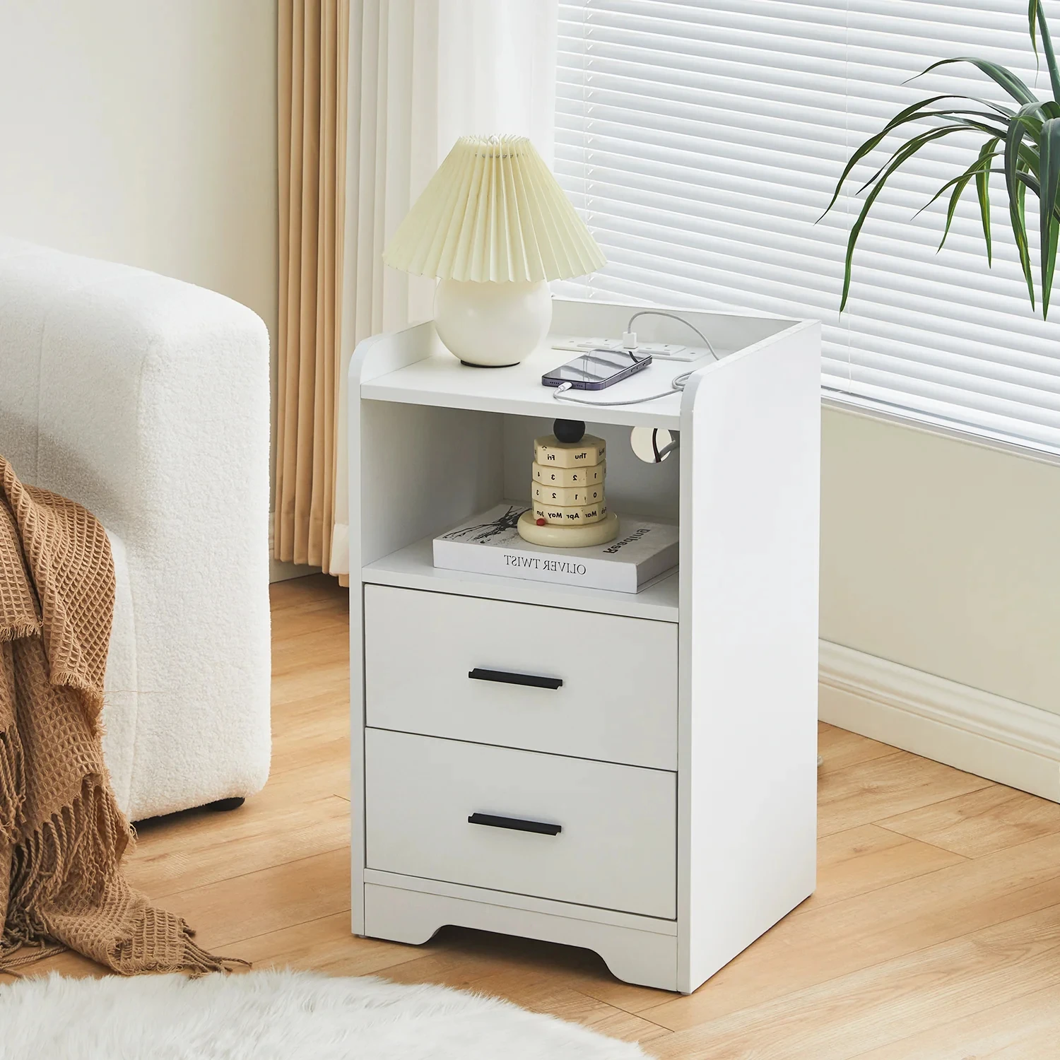 Smart Wireless Charging Station White Black Led Light MDF Drawer Nightstand Bedside Table Wood Organizer Bedroom Furniture