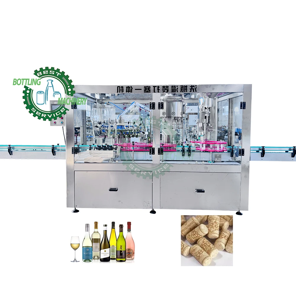 Rotary T-Cork stopper wine alcohol whisky champagne low vacuum automatic 3 in 1 glass bottle washing filling corking equipment