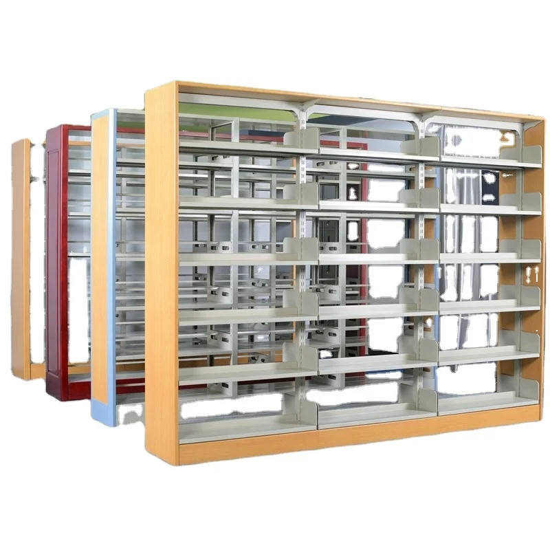 School&Library Metal Book Shelf Furniture OEM style packing with wooden color surface and sturdy knock down structure