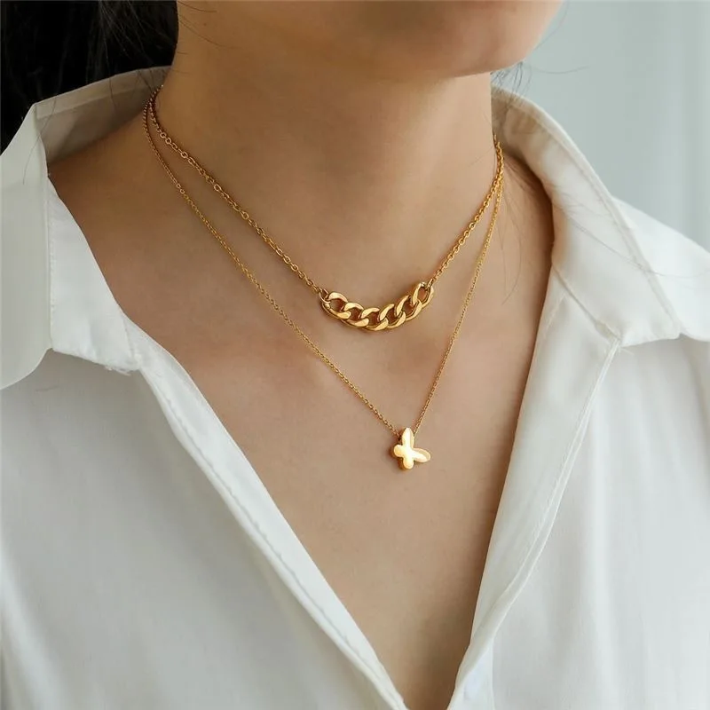 Europe America Choker Necklace Titanium Double-layer Necklace Fashion Niche Butterfly Stainless Steel Necklace for Women