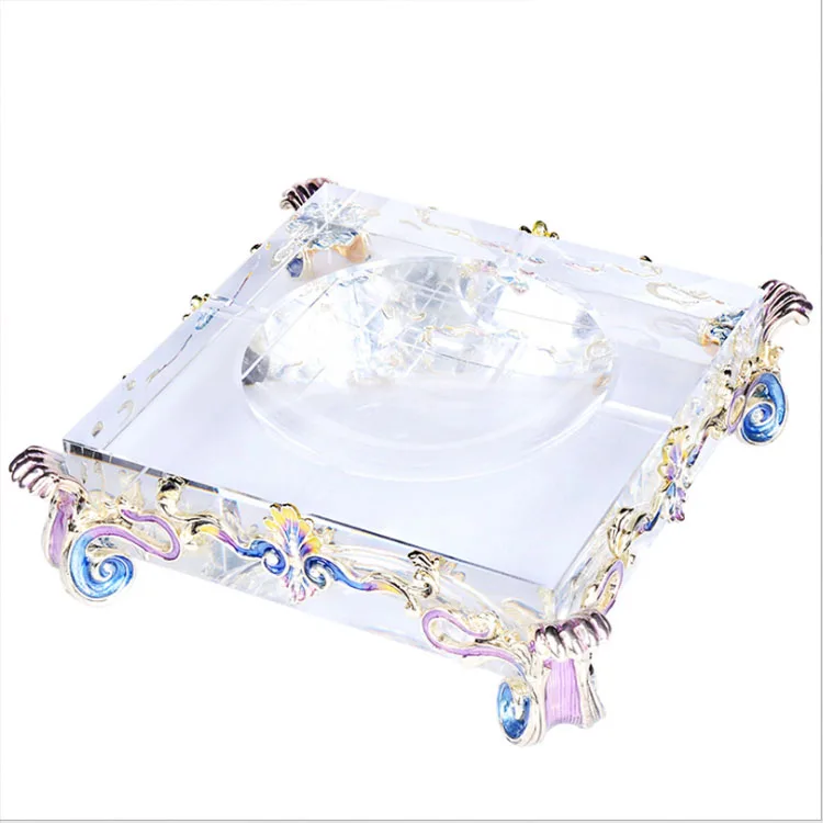 High Ending Glass Cigar Ashtray Luxury Enamel Flower square Crystal Glass Cigar Cigarette Ashtray