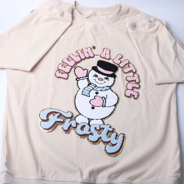 Larger Christmas fall iron on embroidery chenille patches hoodie big glitter pink chille frosty snowman patch for sweatshirt