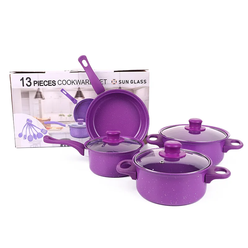 Hot selling non stick pan cast iron pans purple pot set spatula spoon kitchen cookware set