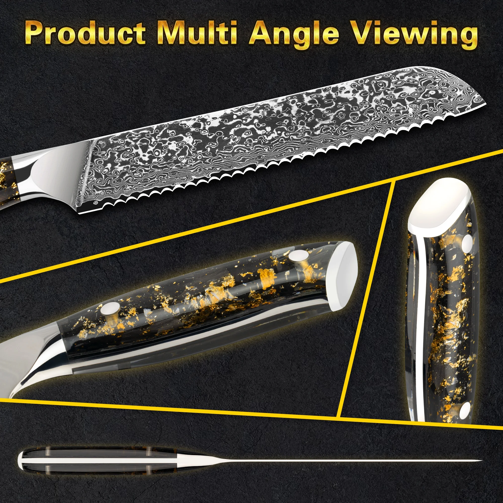 10% off Custom Logo 67 layers vg10 8 Inch Damascus customised bread knife with Carbon Fiber Gold Powder Acrylic Handle