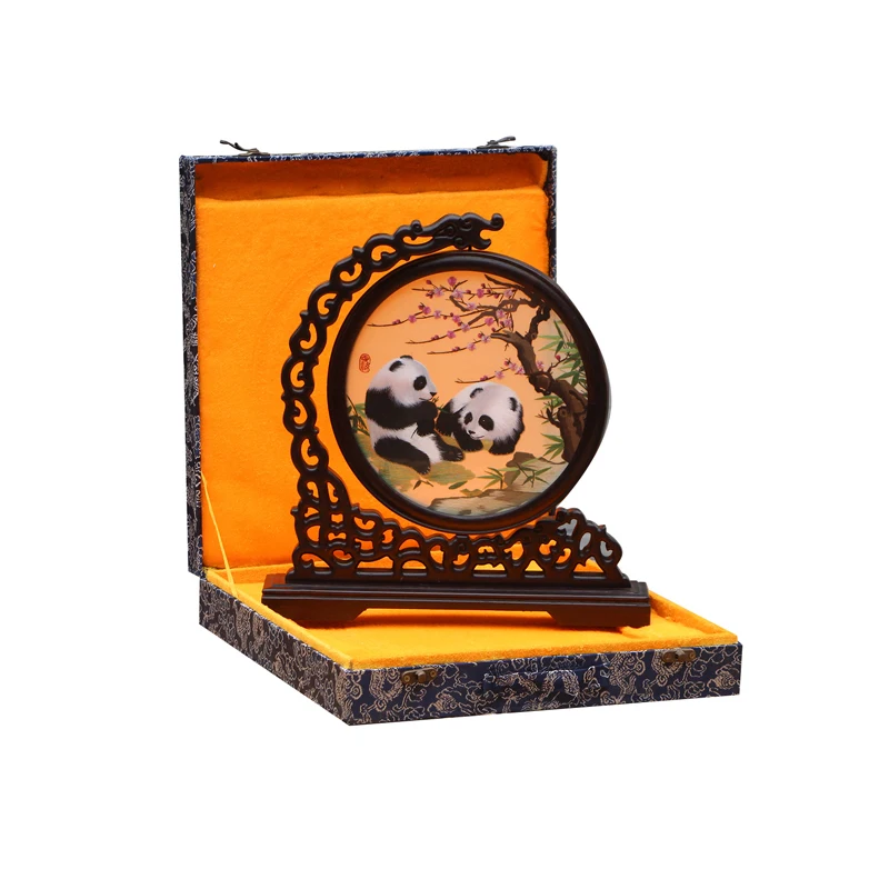 Shu Embroidery Giant Panda Pictures White With Brown Ornaments Intangible Cultural Heritage