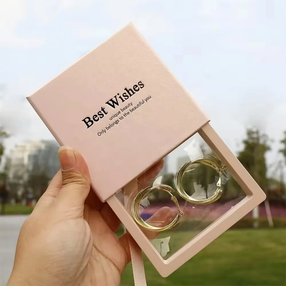 7.5*7.5cm Jewelry box Transparent PE Film Display Box with ribbon Necklace Bracelet Ring Earring Packing Box With logo