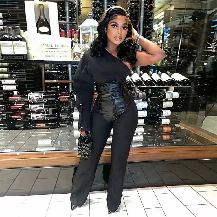Sexy black leather patchwork two pieces pants set with oblique shoulder long sleeve crop top and straight-leg pants