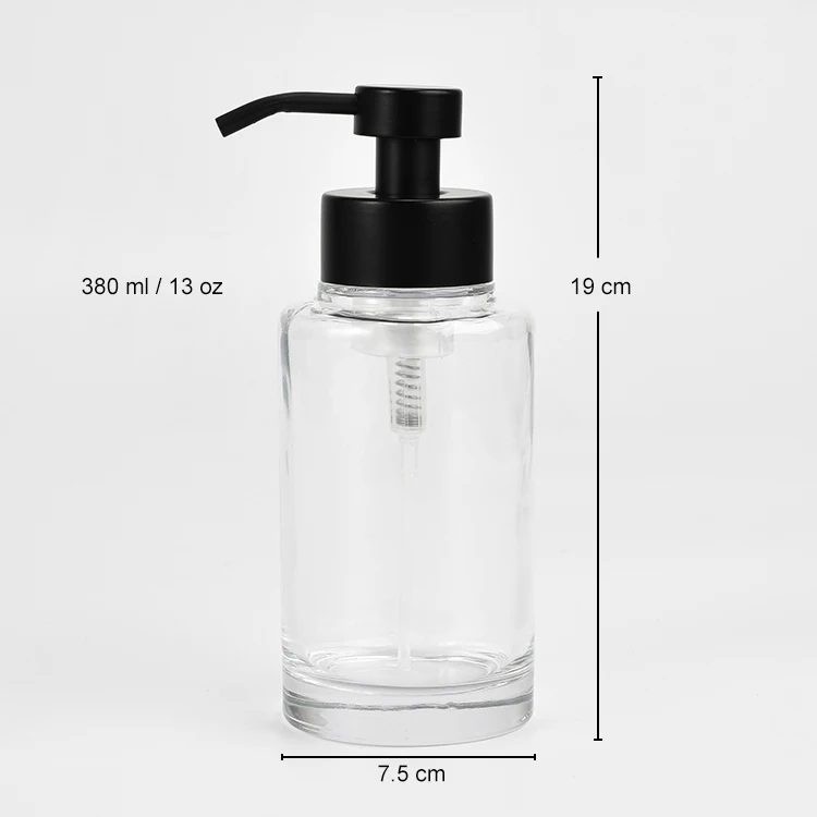 380ml Simple Design Straight Cylindrical Clear Hand-made Glass Foaming Soap Dispenser with Stainless Steel Lotion Pump