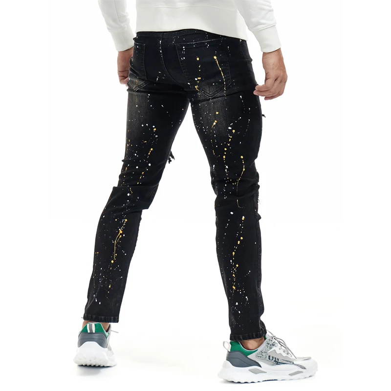 England New design jeans men paint slim fit cotton ripped denim pants customized LOGO knee damage  light blue jeans