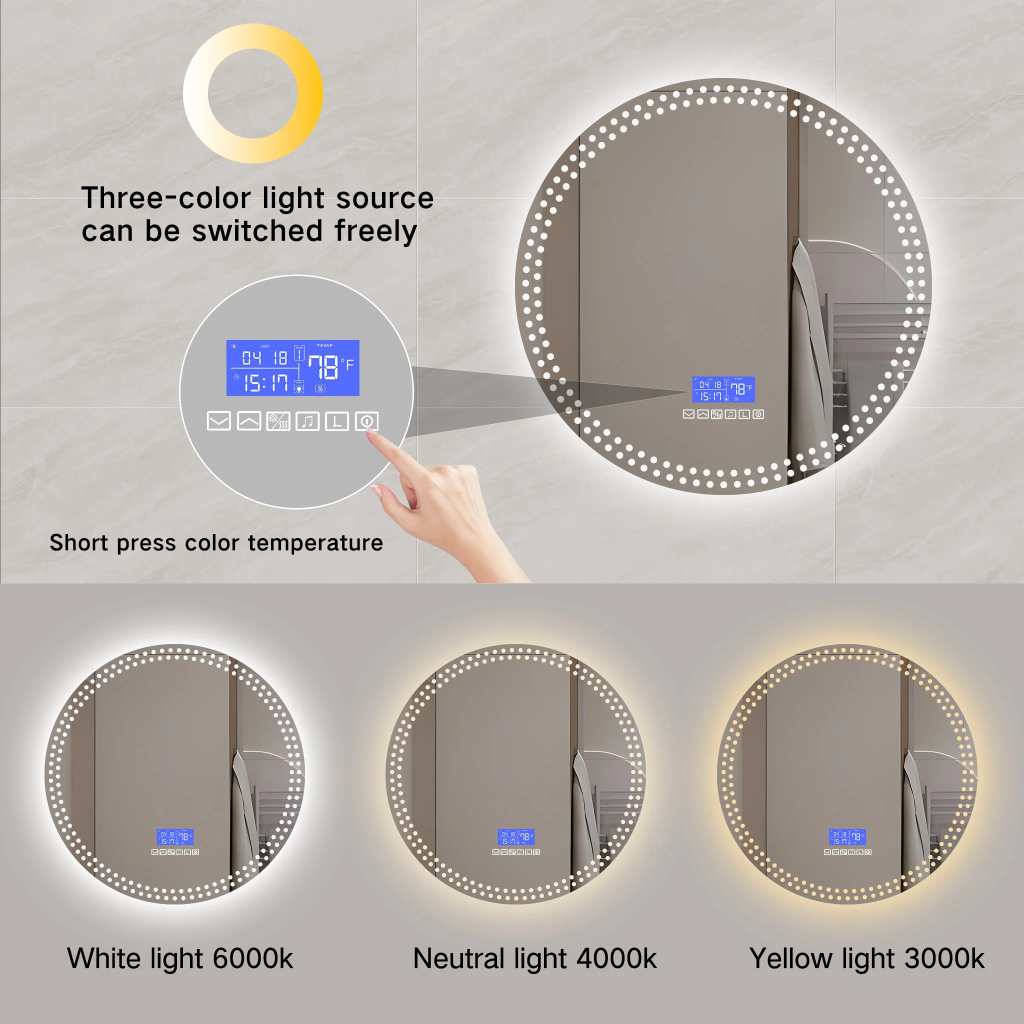 Round LED smart LED lighted bathroom mirror with radio Bluetooth