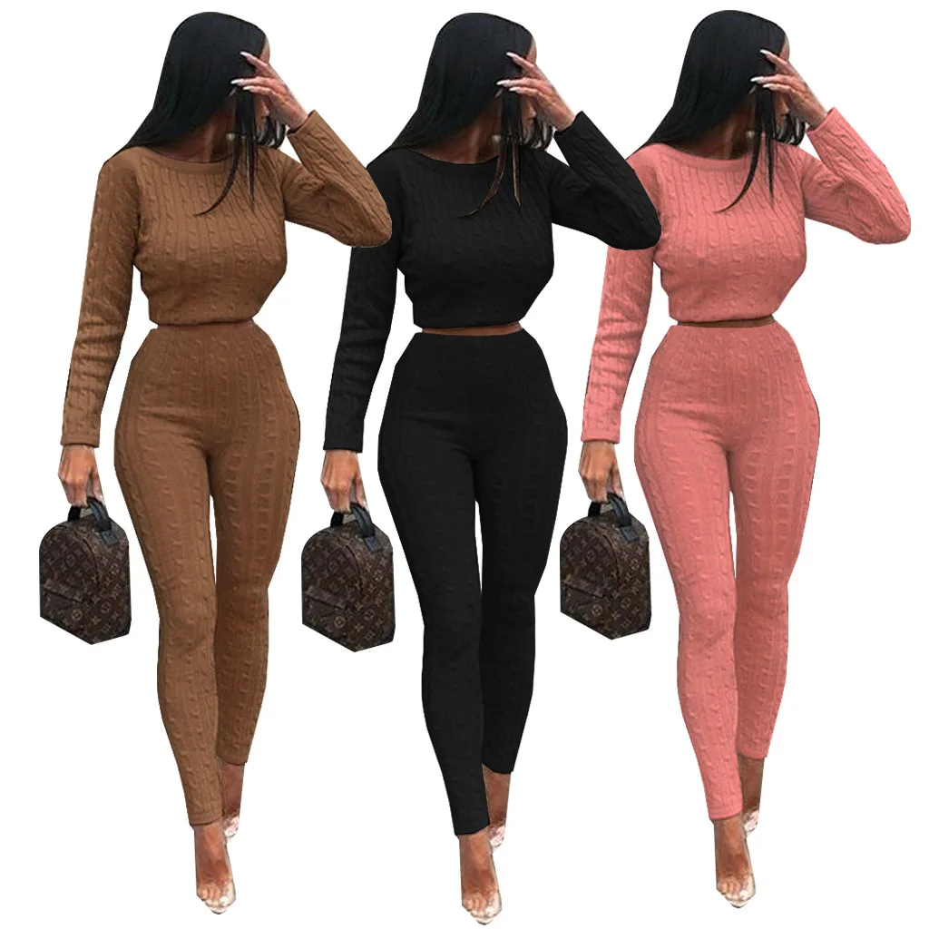 Autumn and winter models of solid color sweater two-piece high-elastic warm casual suit nightclub clothes