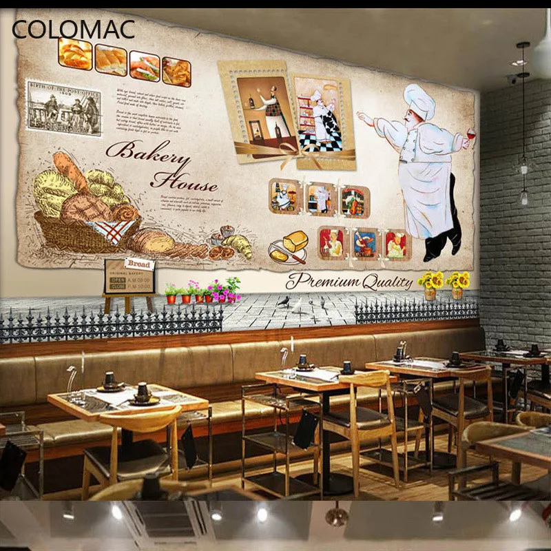 Custom Burger Pizza Wallpaper Murals, European Creative 3d Bakery Bakery Restaurant Cake Shop Wallpaper Murals