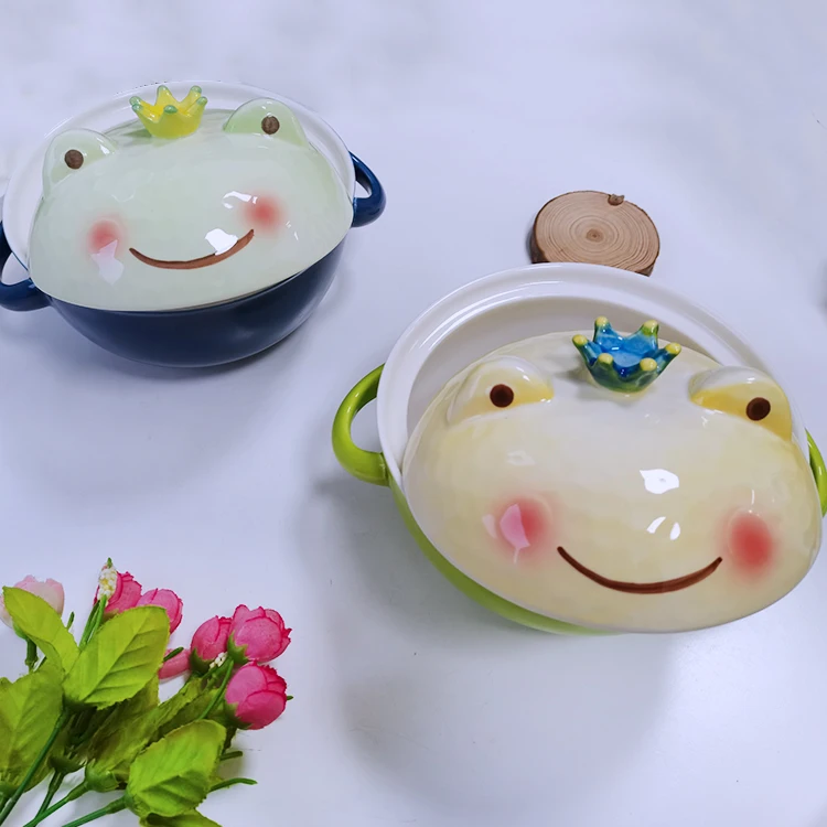 Creative Porcelain Frog Prince Ramen Noodle Bowl Soup Bowls With Cover And Handle Gift Set