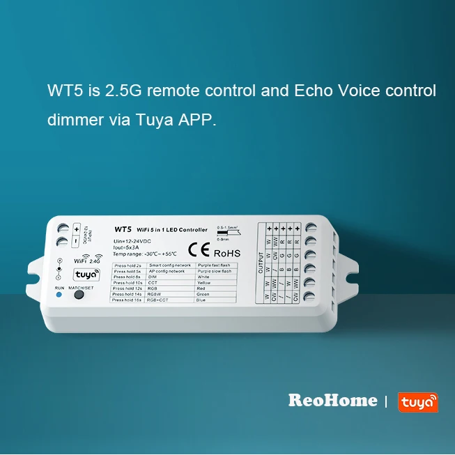 WT5 WiFi & RF 5 в 1 светодиодный контроллер используемый для RGB RGBW + CCT цветовая температура или одноцветная Светодиодная лента