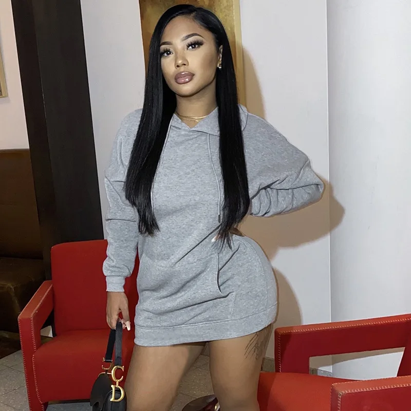 Fall New Products Gray Hoods Dress Sweater Hooded Drawstring Casual Loose Women Short Dress With Hoody