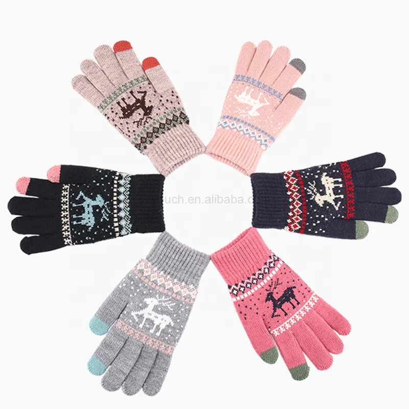Jacquard Weave Deer Design Winter Warm Assorted Touchscreen Gloves Knitted Mittens for Sports & Cycling Accepts Custom Design