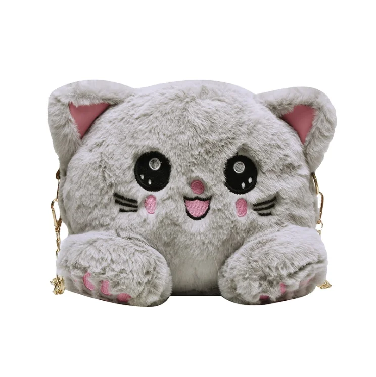 
BSCI Korean style creative plush toy crossbody bags customized cute cat shape ladies shoulder bags cartoon doll chain handbags 