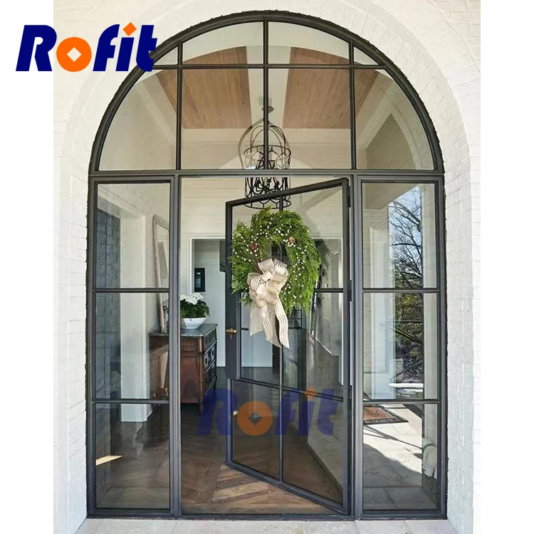 Factory custom rust-proof iron entrance single glass church door Double entrance wrought iron door villa