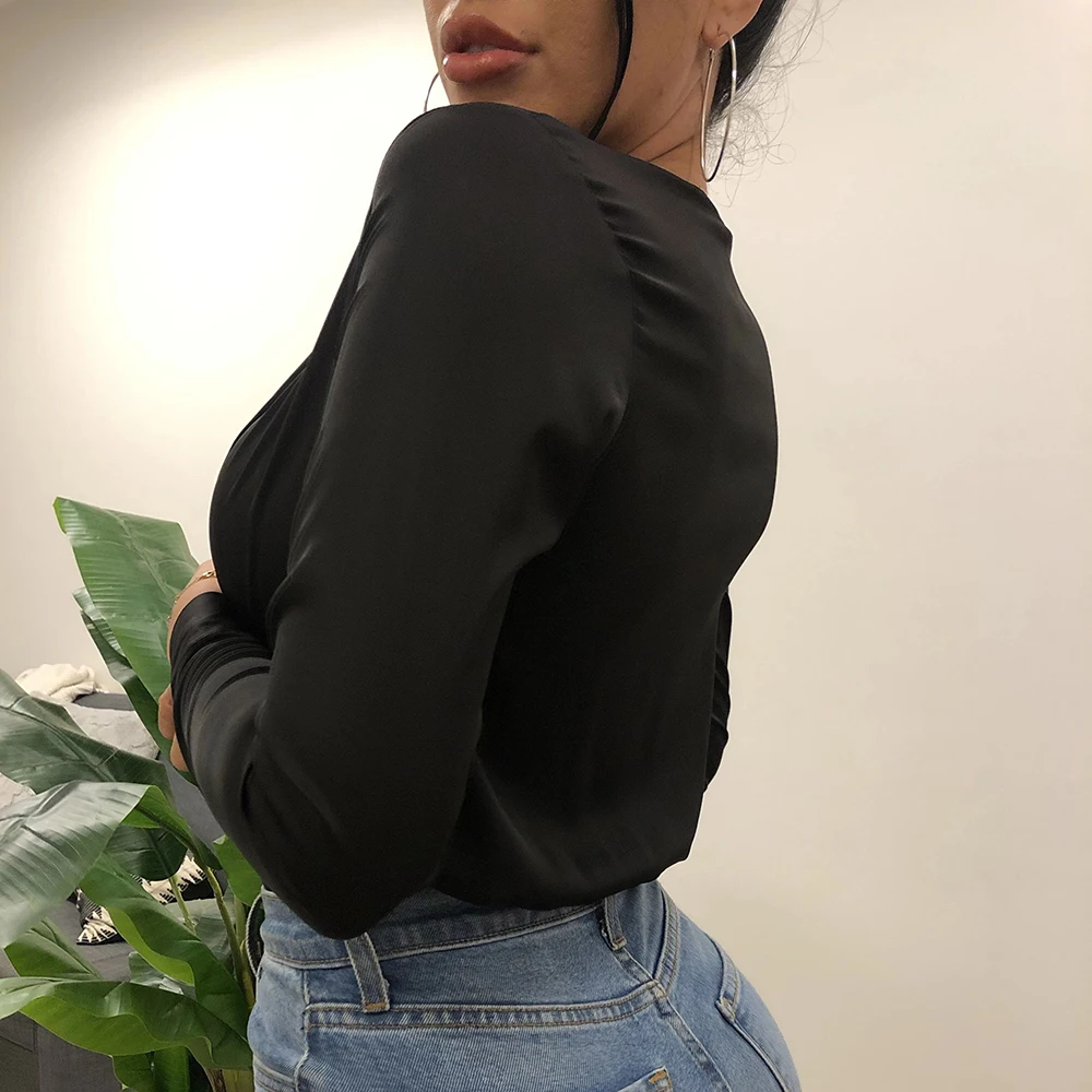 
V-neck Sexy Club Elegant Solid Women One Piece Tops Long-sleeve Solid Color Woman Satin Blouses Shirts 