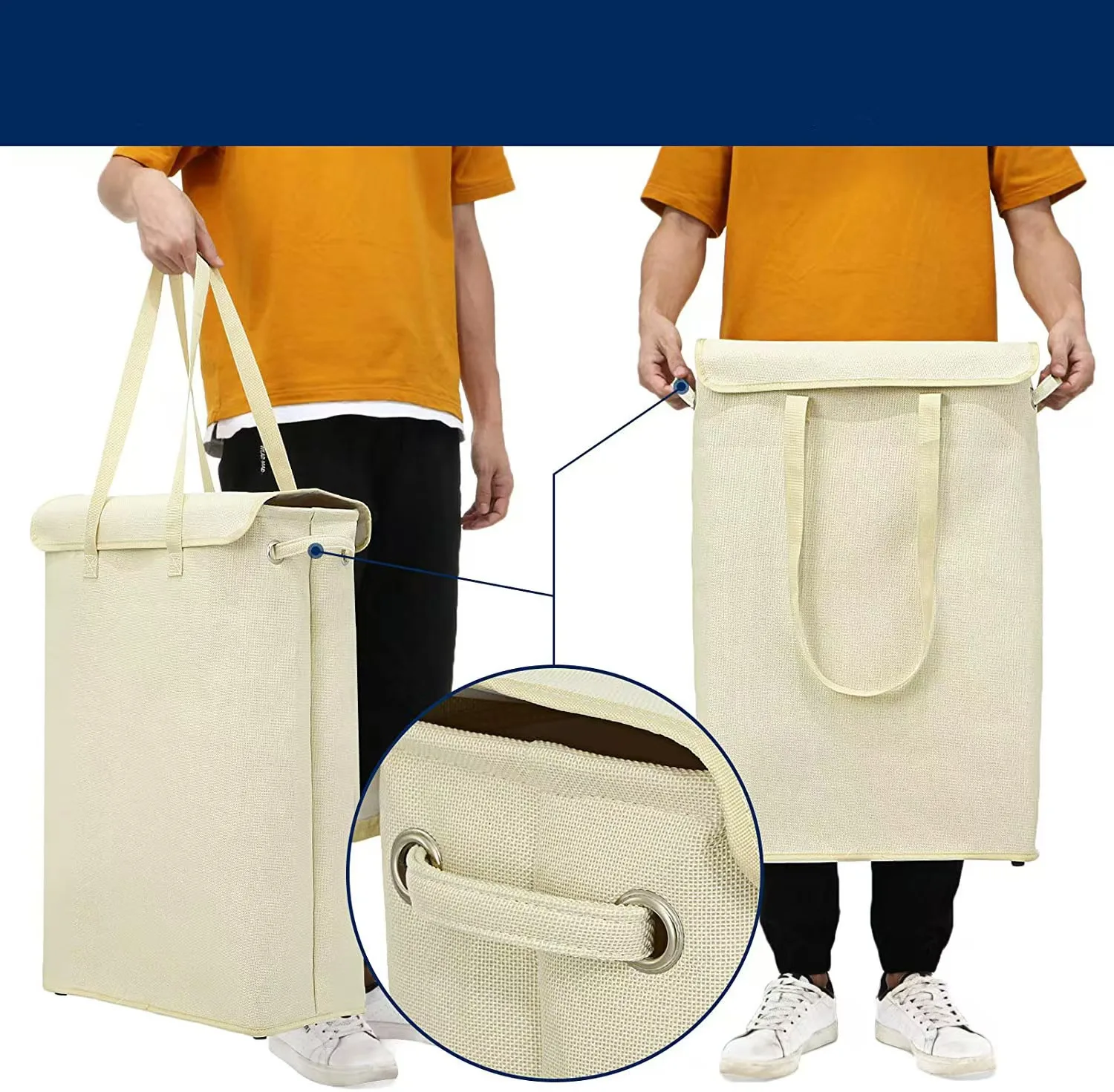 Cotton linen laundry basket with cover narrow strip laundry basket foldable slim height portable bedroom office storage basket