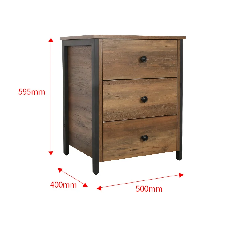 Mid-Century Industrial Design Durable Ready to Assemble Wooden Side End Table 3 Drawers Wheel Legs Nightstand Bedside Table