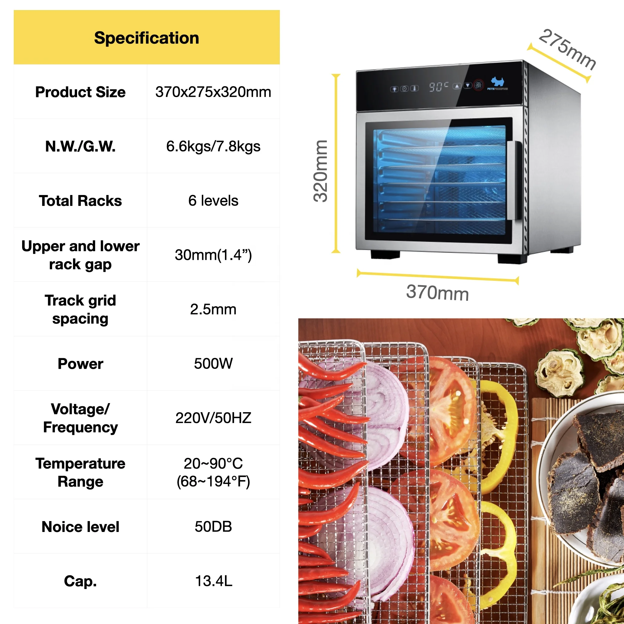PETSPROOFING Home 6 Layer 500W stainless steel Trays Fruit Drying Machine MINI Food Dehydrator