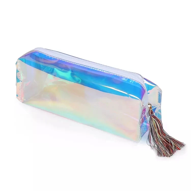 Holographic PVC Pencil Storage Bag Colorful Laser Stationery Pencil Case With Tassel