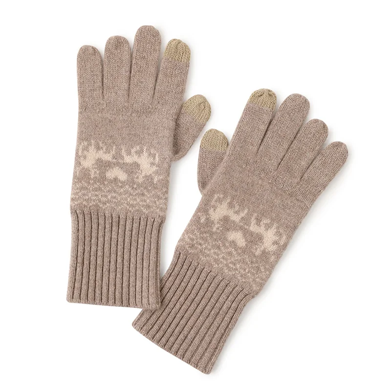 Женские зимние вязаные жаккардовые перчатки и варежки с животным оленем из 100% кашемира