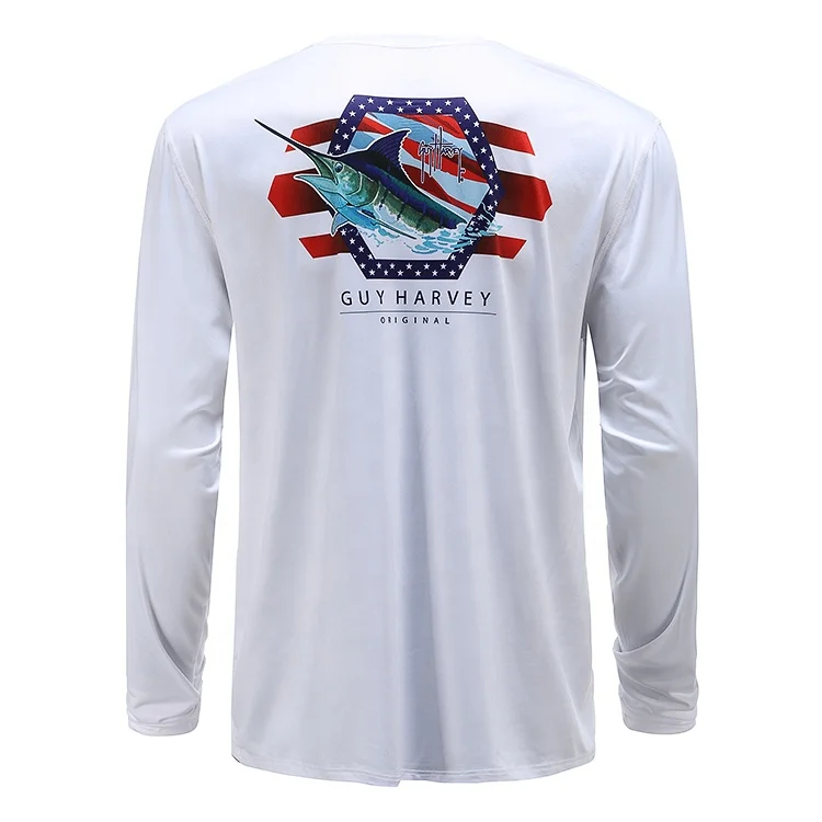 Custom logo sun protection uv shirt white marlin fishing long sleeve mens