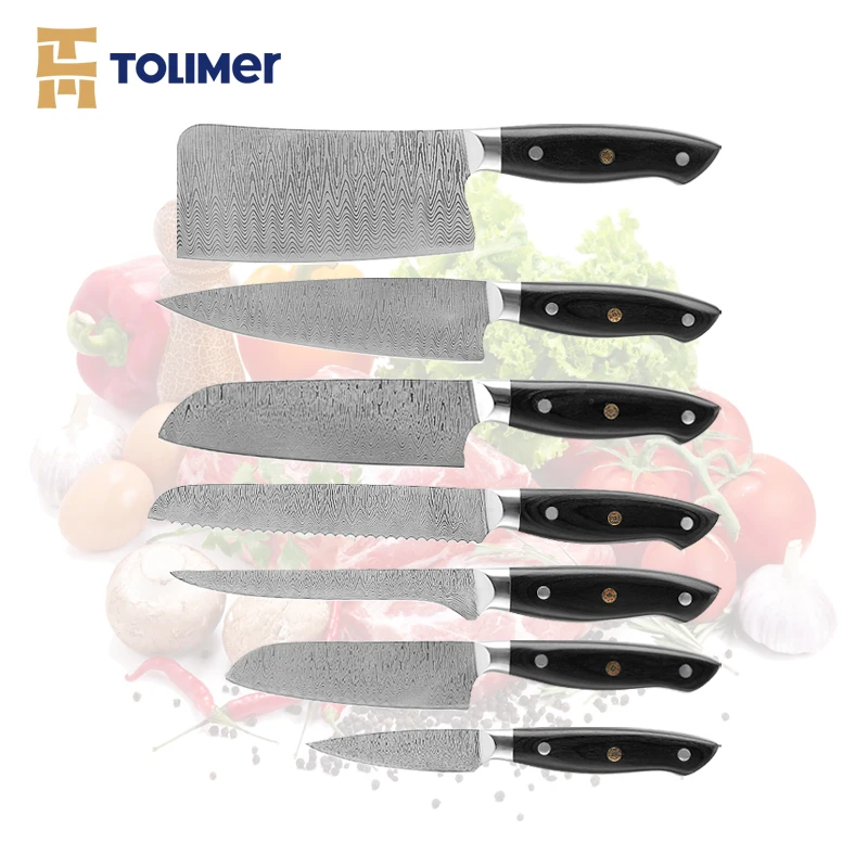 Low MOQ High Quality Wholesale Laser Damascus Knife Set With Exquisite Rivet 7Pcs Kitchen Knife Set