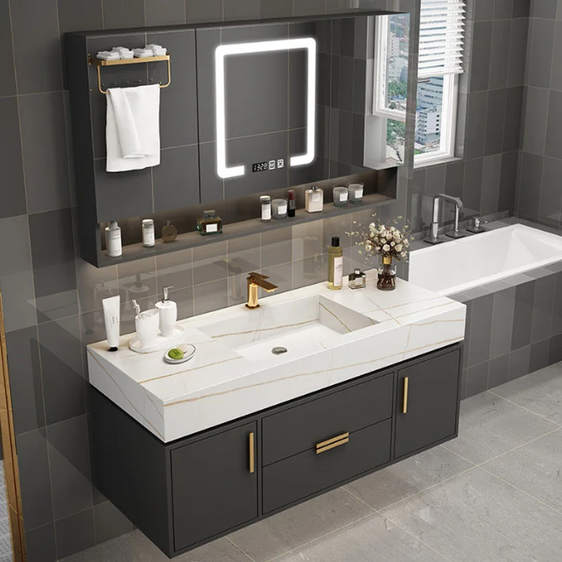 2024 New solid wood OEM rock panel countertop basin bathroom cabinet LED mirror storage cabinet ceramic basin