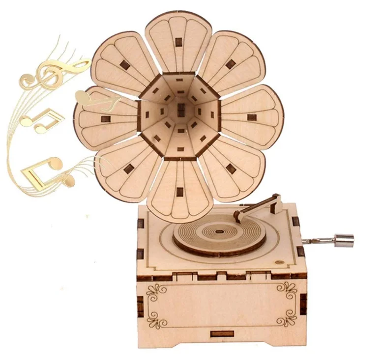 DIY Music Box, Gramaphone 3D Wooden Puzzle Model Kit, Laser Cut Wood Pieces phonograph Music Box