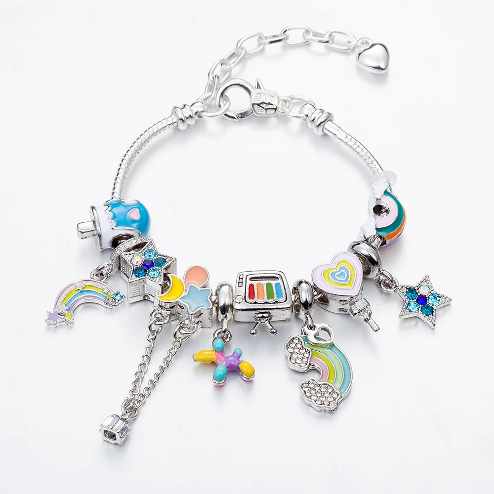 New Colorful DIY Stars Rainbow Balloon Large Hole Beads enamel rhinestones charms  bracelet silver color Wholesale