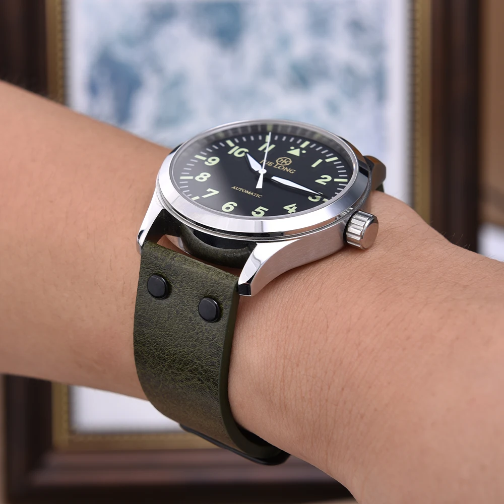 JUELONG Lychee Texture Genuine Leather Watch Strap 22mm Black Hardware Polit Watch Band