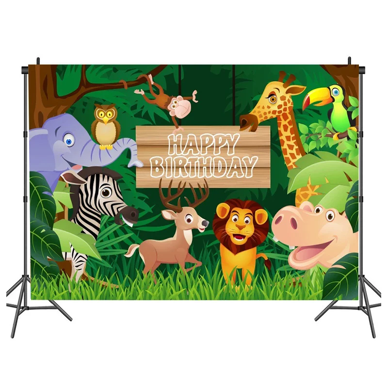 Jungle Theme Background 1st Birthday Safari Animals Zoo Photography Backdrops Lion Elephant Animals Boy Baby Party Banner