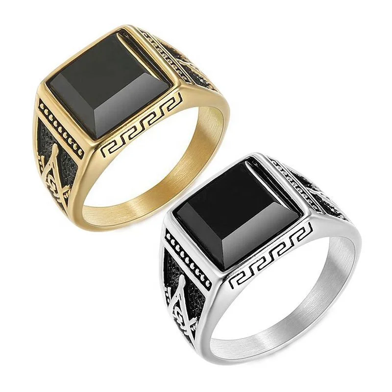 New Vintage Stainless Steel Gold With Black Stone Bronze Ring Titanium Silver 316l Ring Jewelry For Men