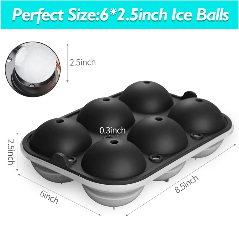 Ice Ball Mold Round Ice Cube Tray With Lid & Bin Black 6 Grids Whiskey Cocktail Easy To Demould Spherical Round Ball Ice Tray