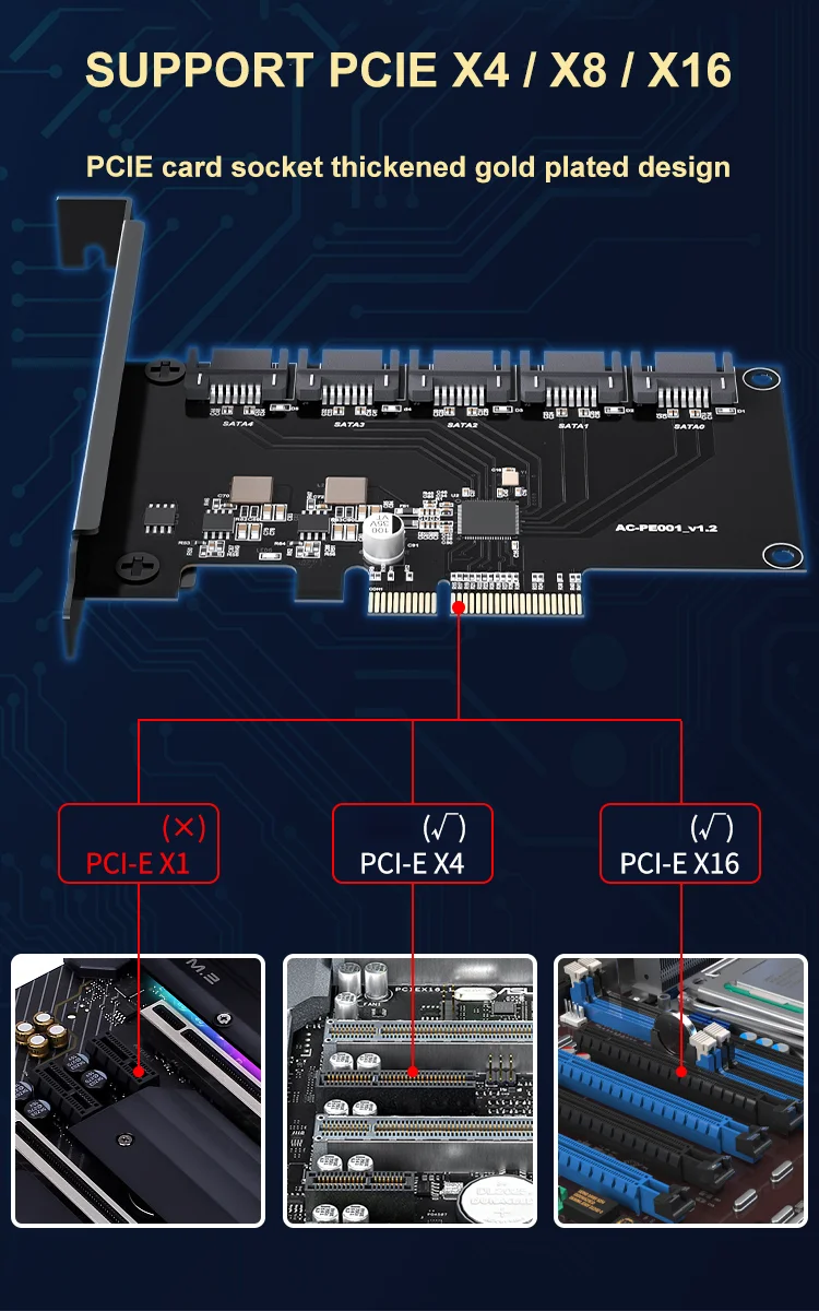 High Efficiency JMB585 Control Chip 6Gbps Expansion Card 5 Port PCIE to Sata3.0 Converter for HDD SSD
