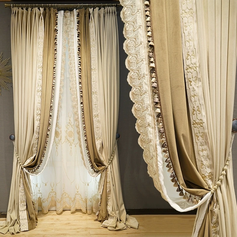 living room European high grade curtains embroidered  Light luxury tassel lace plain blackout curtain velvet fabric wholesale