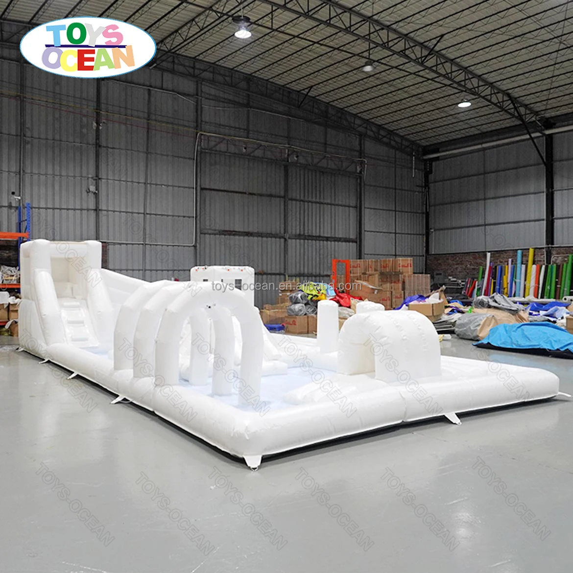 Customized 2024 new fashionable mini white splash pad water park inflatable obstacle course playground castle slide combo