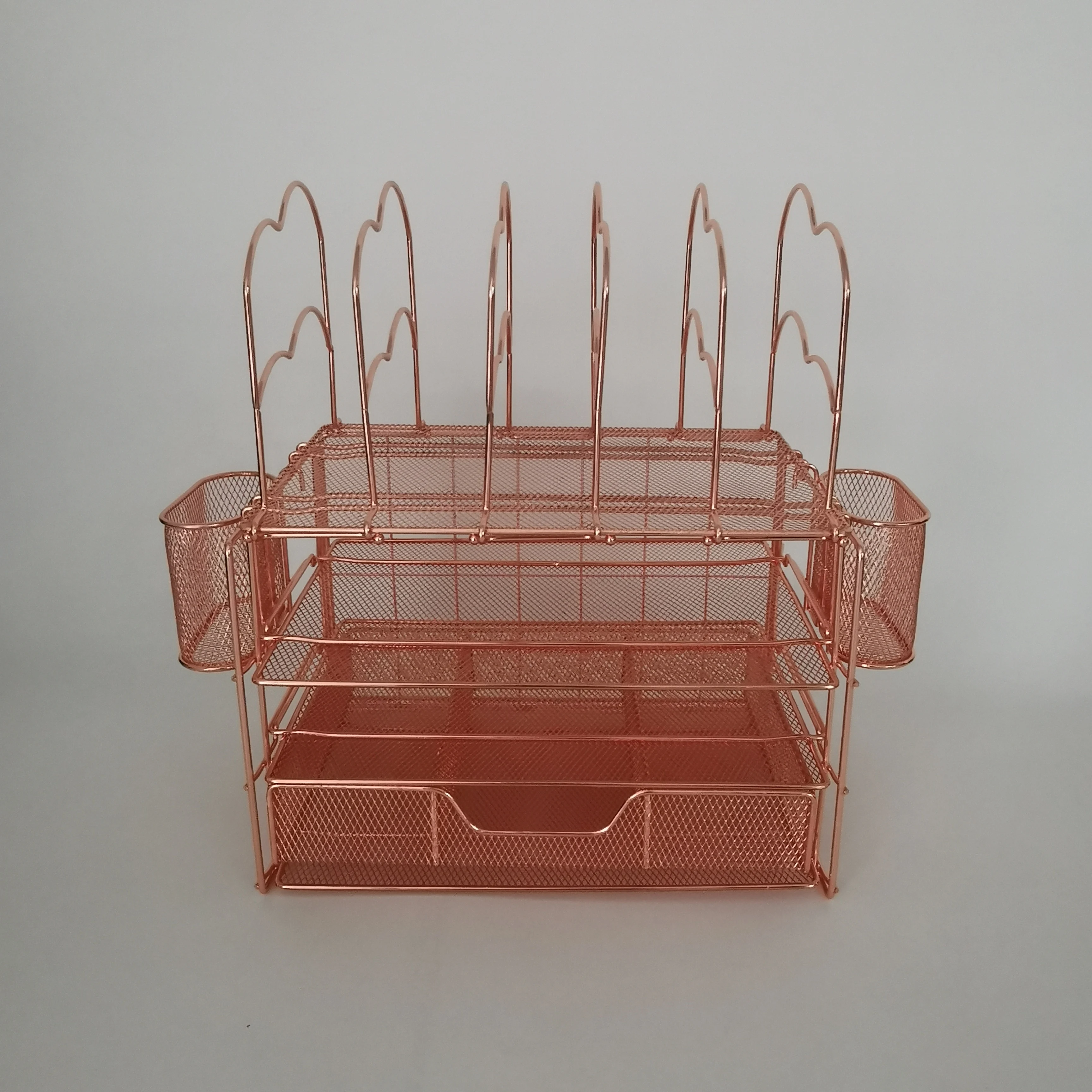 2023 Rose Gold Metal Computer Desk Organizer Combohome 4-trays Desktop File Organizer with 2 Mesh Pen Holder