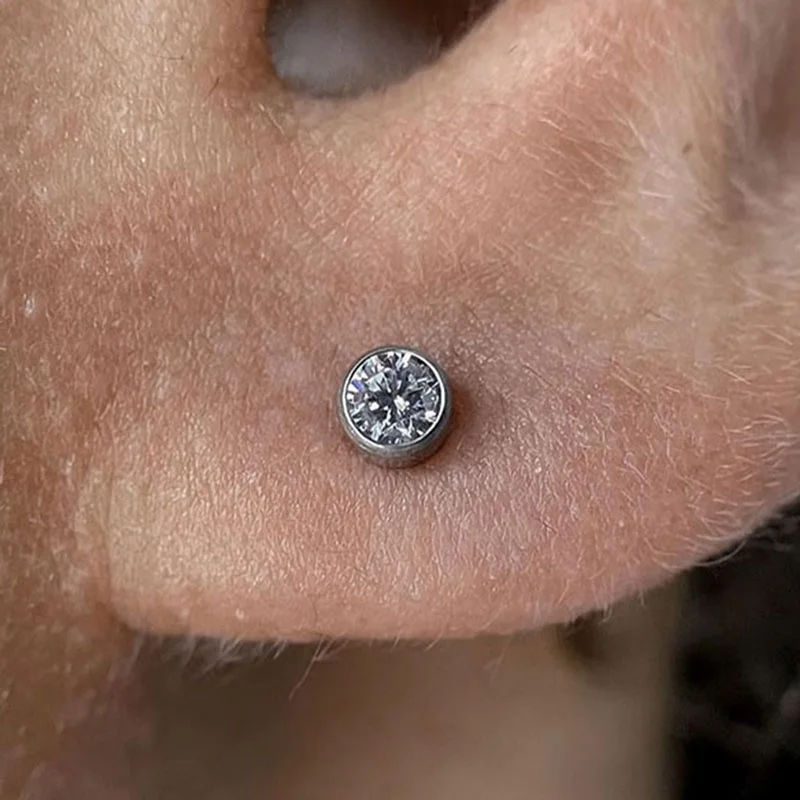 5A Clear Zircon Bezel Setting Flat Back Stud Tragus Gem ASTM F136 Titanium Piercing Earring Studs