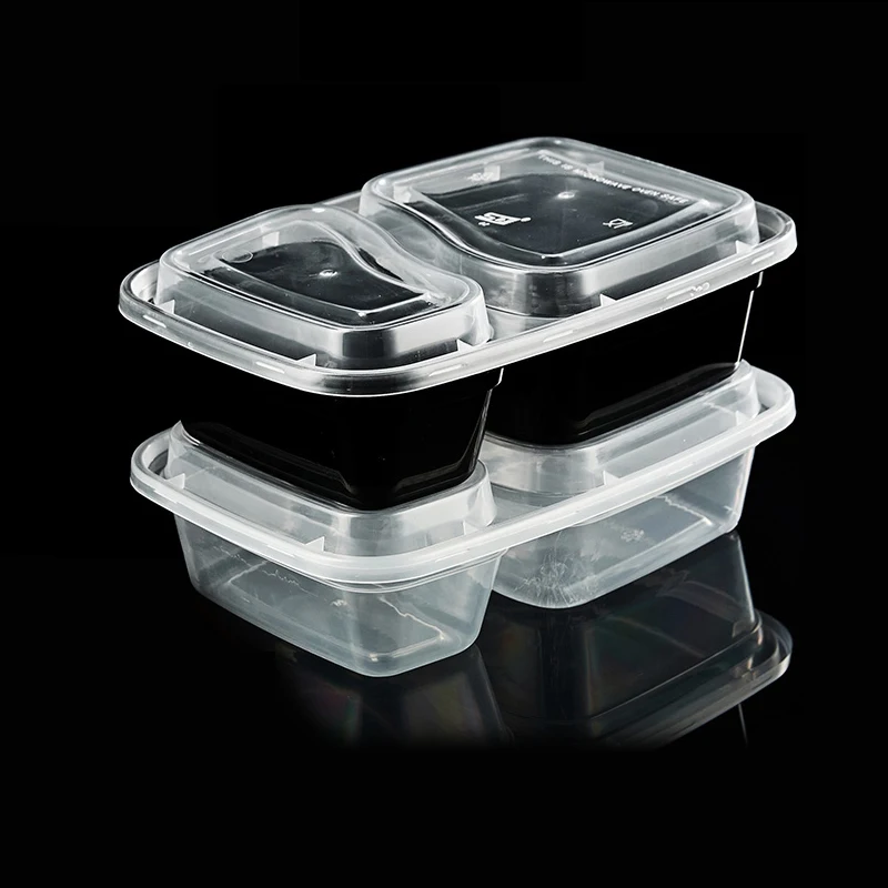 2 compartment transparent storage takeaway food microwavable container disposable plastic bowl with lid