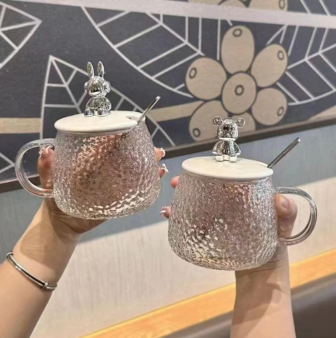 Hot Selling New Design Bear Hammer 400ml Glass Coffee Breakfast Milk Glass Bottle 420ml With Lid Spoon